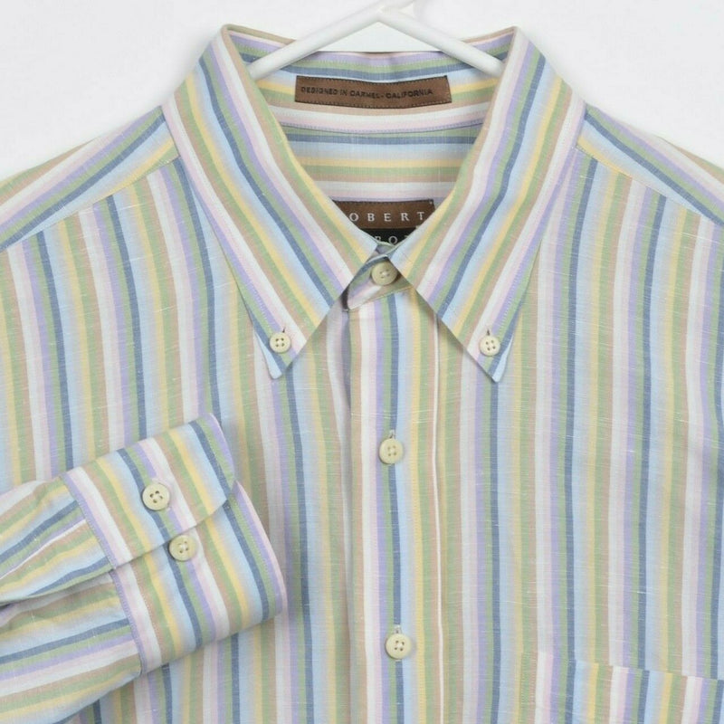 Robert Talbott Men's Large Linen Blend Multi-Color Striped Button-Down Shirt