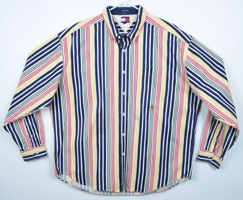 Vintage 90s Tommy Hilfiger Men's 2XL Multi-Color Striped Lion Crest Button Shirt