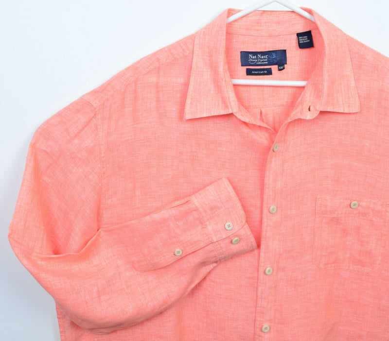 Nat Nast Men's 2XL American Fit 100% Linen Peach Orange Button-Front Shirt