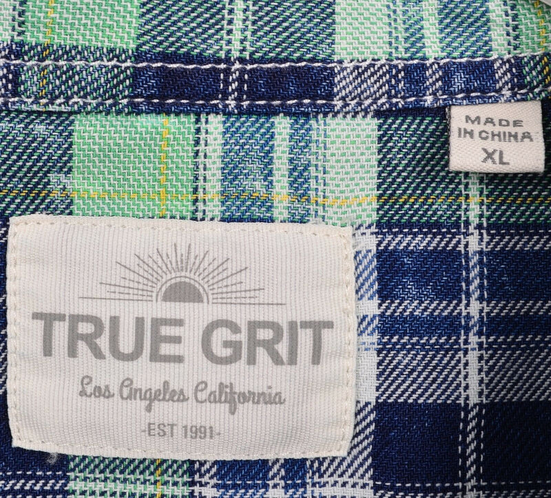 True Grit Men's XL Green Blue Plaid Distressed Paint Splatter Button-Front Shirt