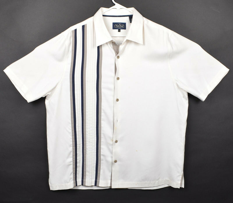 Nat Nast Men's Large 100% Silk White Striped Ruffle Hawaiian Bowling Camp Shirt