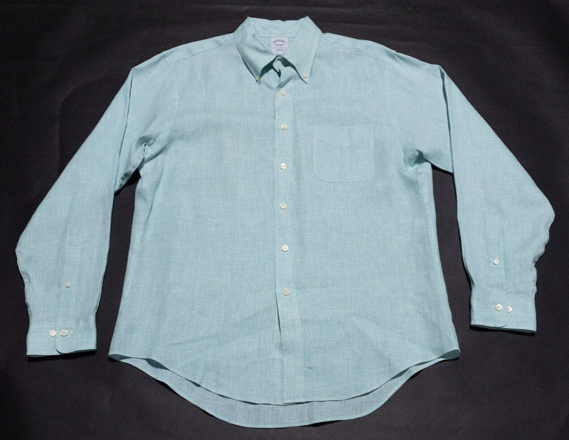 Brooks Brothers Irish Linen Shirt Men's Large Slim Fit Green Check Button-Down