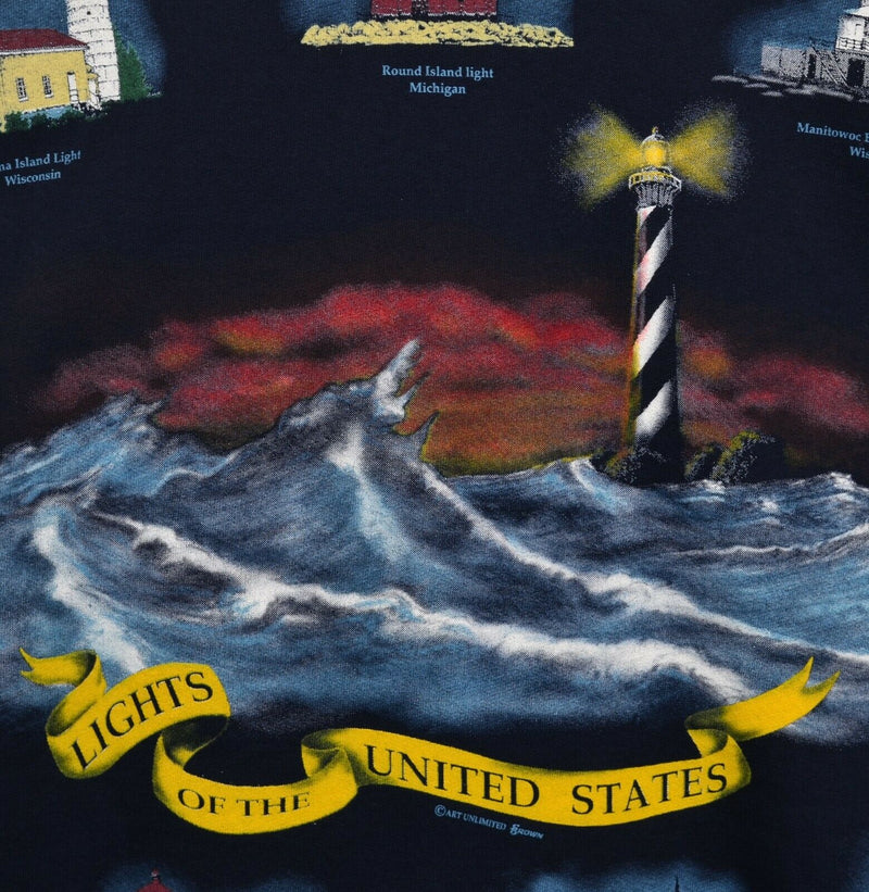 Vintage Art Unlimited Women's Large Lighthouses Navy Button-Front Sweatshirt