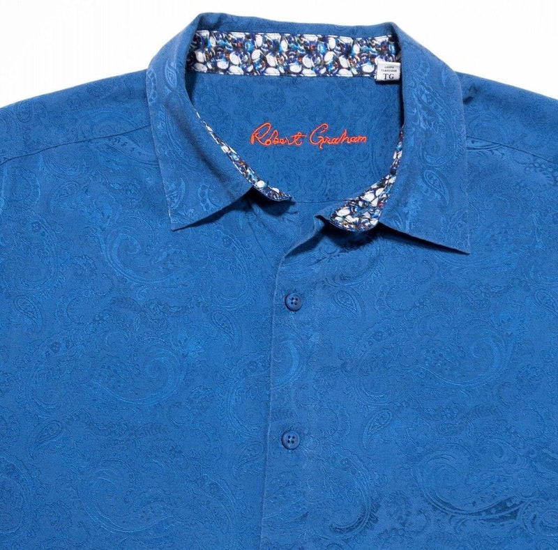 Robert Graham Silk Shirt XL Classic Fit Mens Paisley Blue Flip Cuff Short Sleeve