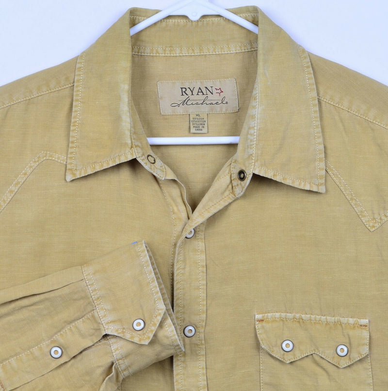 Ryan Michael Men's Sz XL Silk Linen Blend Snap-Front Golden Brown Western Shirt