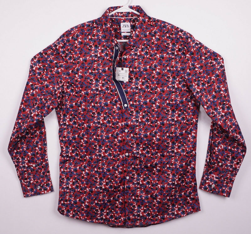 Zara Men's XL Slim Fit Floral Print Red Blue Long Sleeve Button-Front Shirt