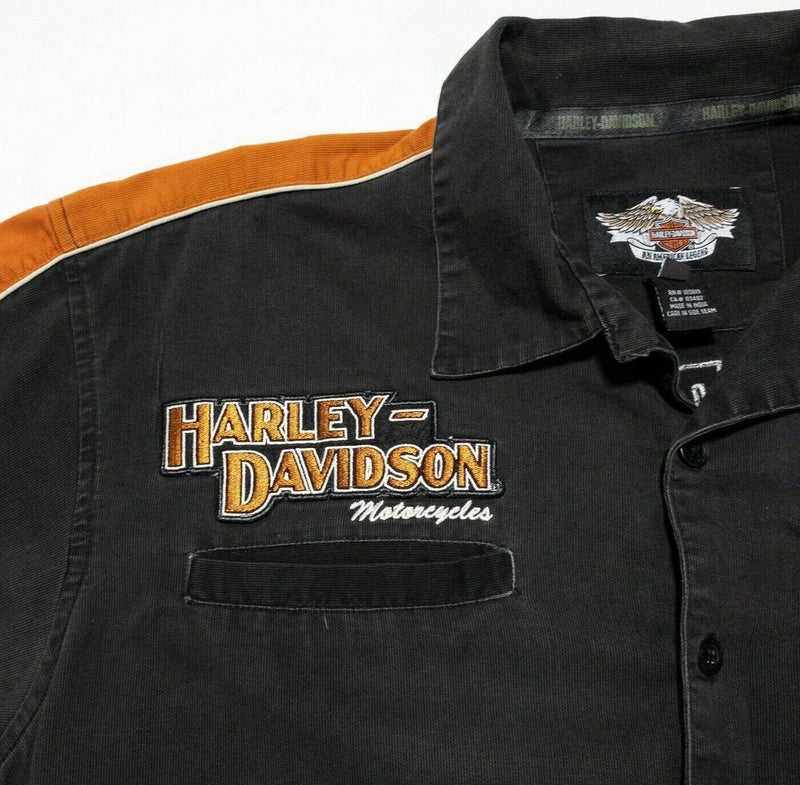 Harley-Davidson Button Shirt XL Men's Black Orange Garage Biker Mechanic Logo