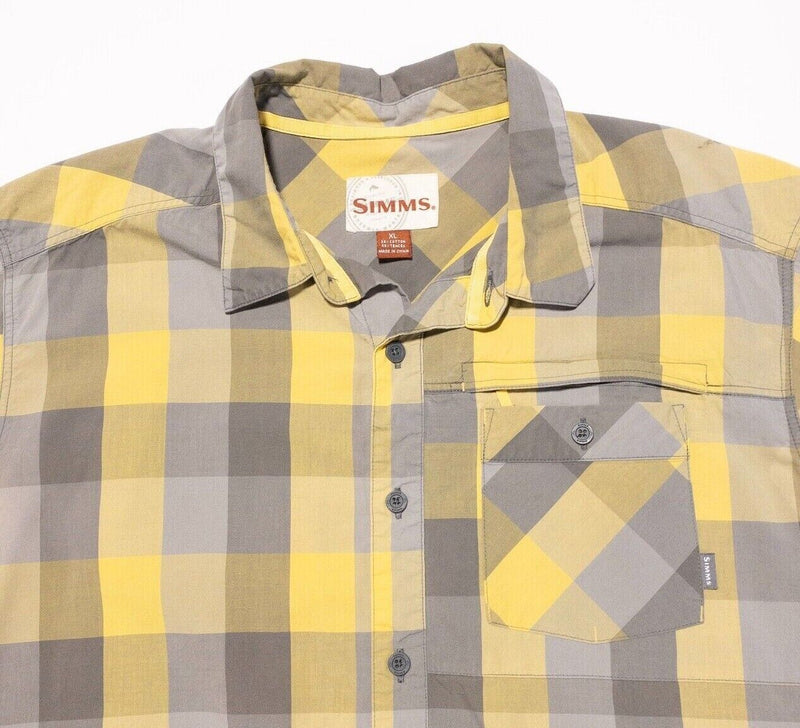 Simms Fishing Shirt XL Men's Tencel Yellow Gray Check Short Sleeve Button-Front