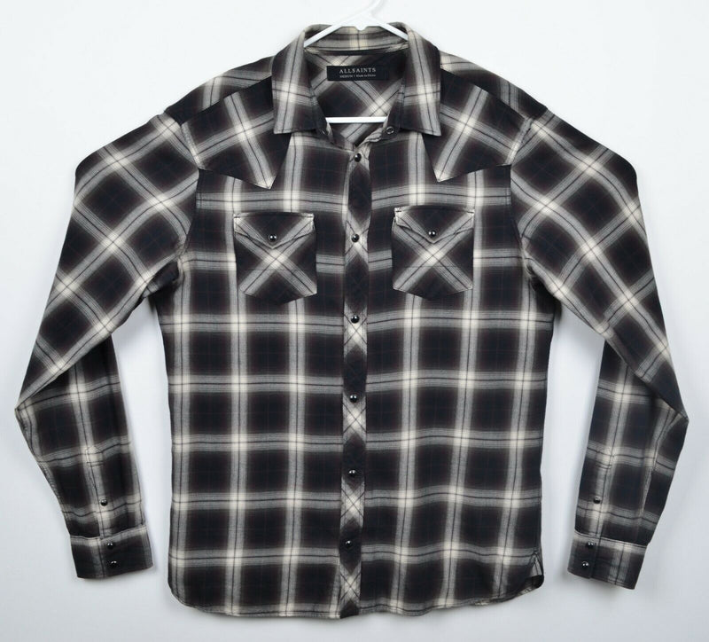 AllSaints Men's Sz Medium Pearl Snap Black White Plaid Western Dacoma LS Shirt