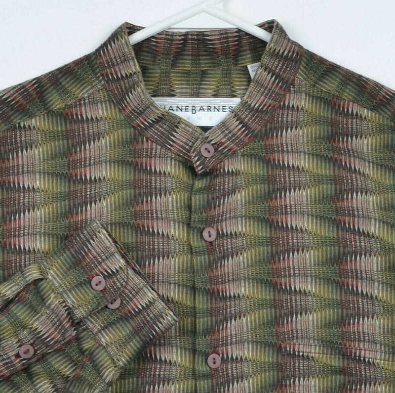 Jhane Barnes Men's Large Band Collar Green Zig-Zag Button-Front Party Shirt