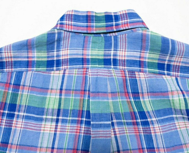 Polo Ralph Lauren Linen Shirt Medium Men's Colorful Plaid Blue Red Short Sleeve