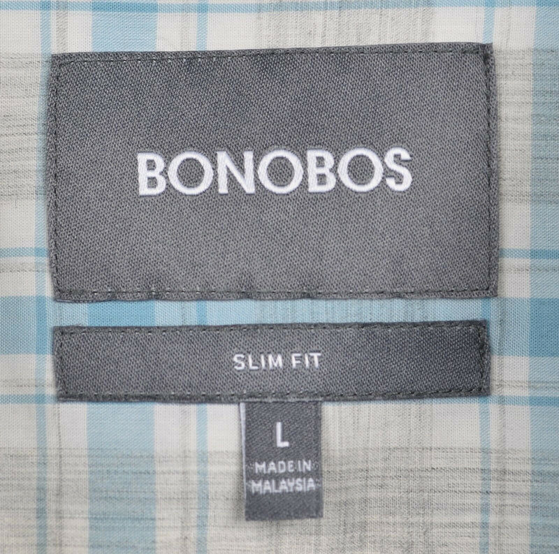 Bonobos Men's Large Slim Fit Gray Blue Plaid Long Sleeve Button-Down Shirt