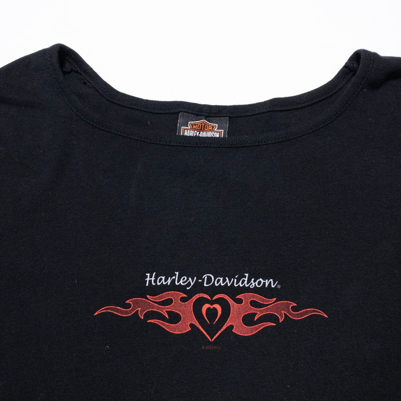 Harley-Davidson Heart T-Shirt Womens Large Y2K Long Sleeve Flame Rose Logo Black