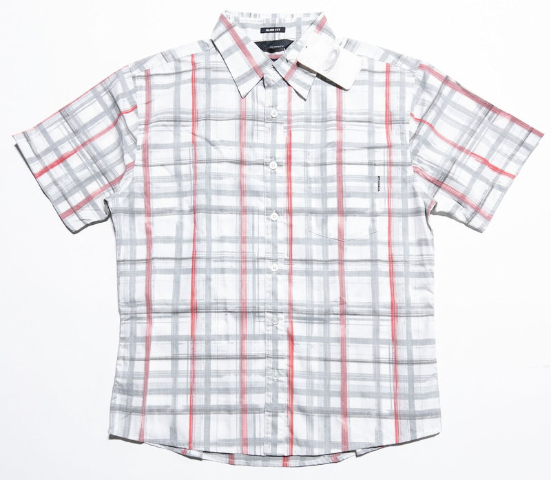 Oakley Shirt Men's Medium Slim Fit Y2K Button-Up Gray Red Plaid Short Sleeve