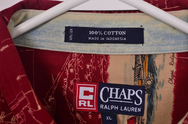 Vtg 90s Chaps Ralph Lauren Men's Sz XL Fishing Logo All Over Print Red Shirt