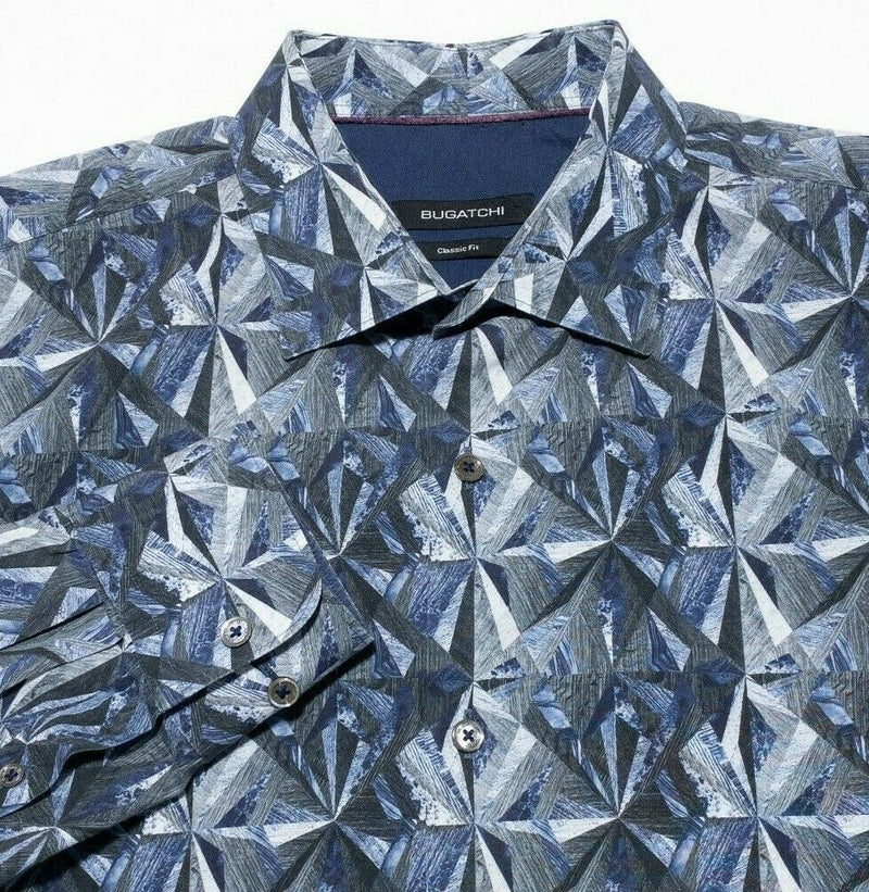 BUGATCHI Abstract Geometric Flip Cuff Button-Front Shirt Blue Gray Men's XL?