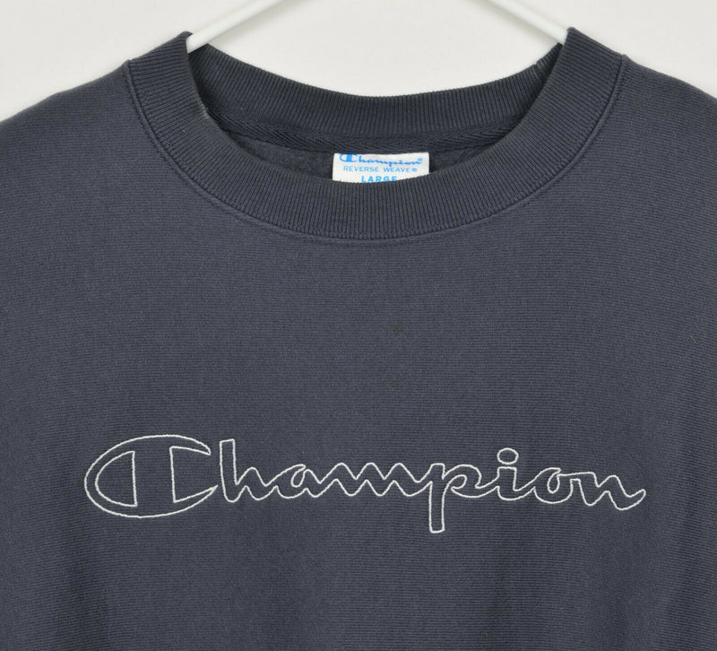 Vintage 90s Champion Men's Large Reverse Weave Gray Spell Out Logo Sweatshirt