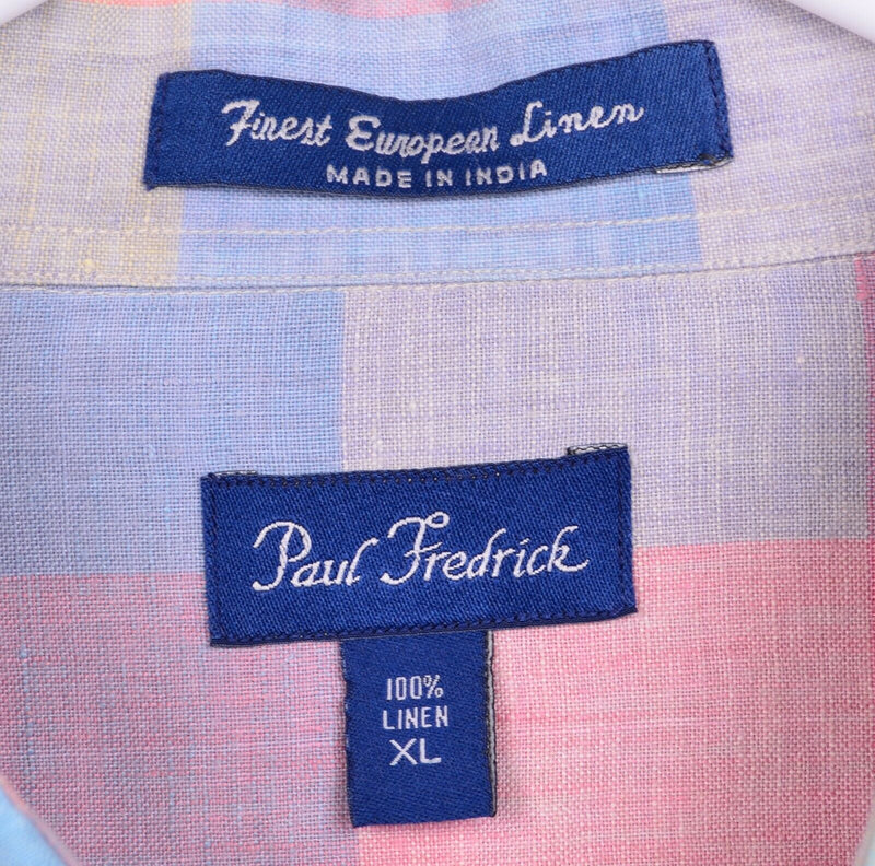 Paul Frederick Men's Sz XL 100% Linen Multicolor Rainbow Plaid Check Shirt
