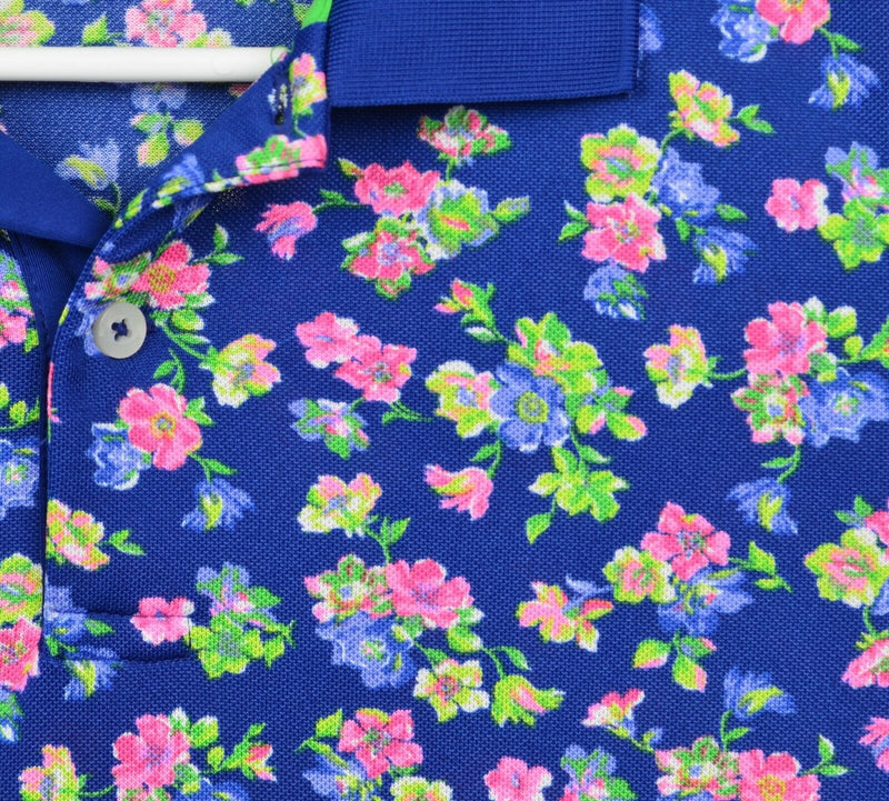 RLX Ralph Lauren Men's Sz Medium Floral Pink Blue Short Sleeve Golf Polo Shirt