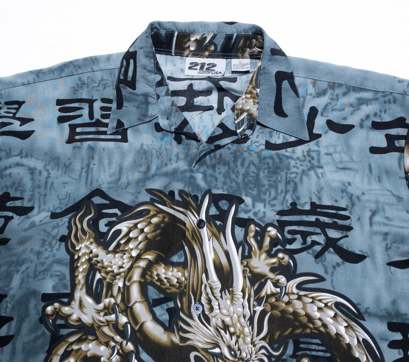 212 NYC Shirt Large Men's Vintage 90s Y2K Polyester Graphic Print Dragon Asian