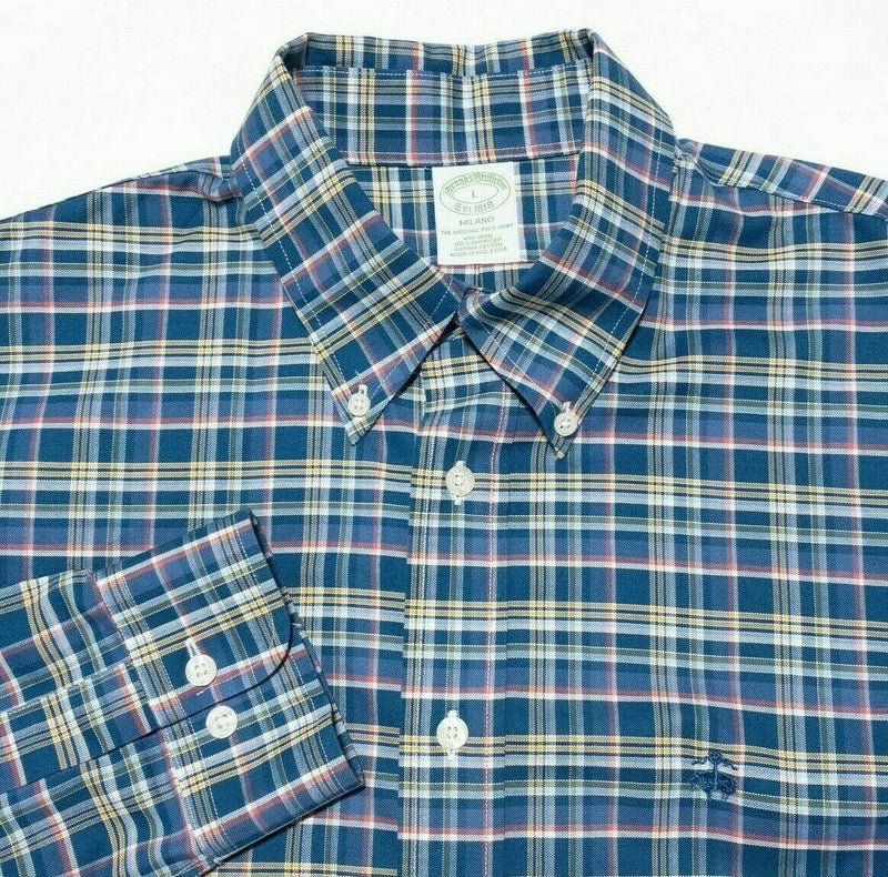 Brooks Brothers Milano Shirt Large Long Sleeve Button-Down Blue Plaid Men's Logo