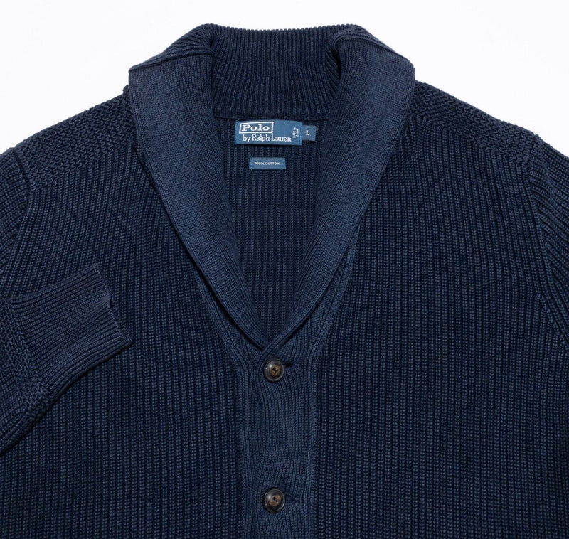 Polo Ralph Lauren Cardigan Sweater Mens Large Shawl Collar Knit Navy Blue Cotton