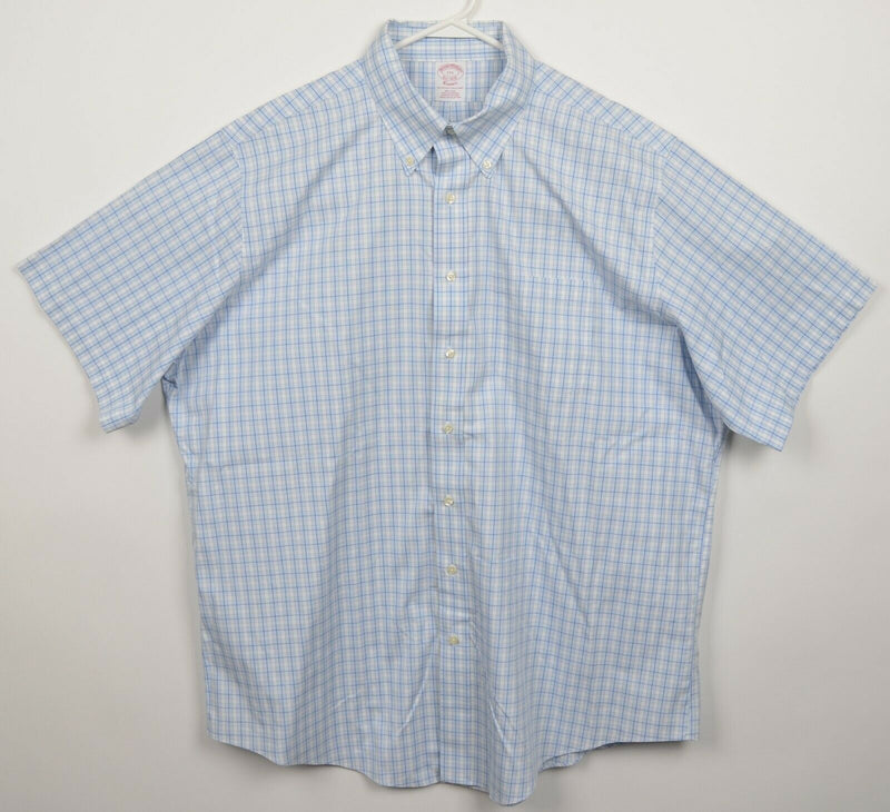 Brooks Brothers Men's 17.5 Blue White Plaid Non-Iron Short Sleeve Dress Shirt