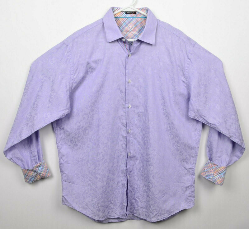 Bugatchi Uomo Men's Large Classic Fit Flip Cuff Purple Floral Colorful Shirt