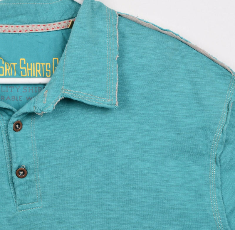 True Grit Men's Sz XL Teal Blue Exposed Stitch Distressed Polo Shirt