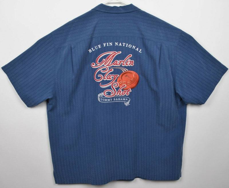 Tommy Bahama Men's XL Marlin Clay Shot Silk Blue Fin Embroidered Hawaiian Shirt