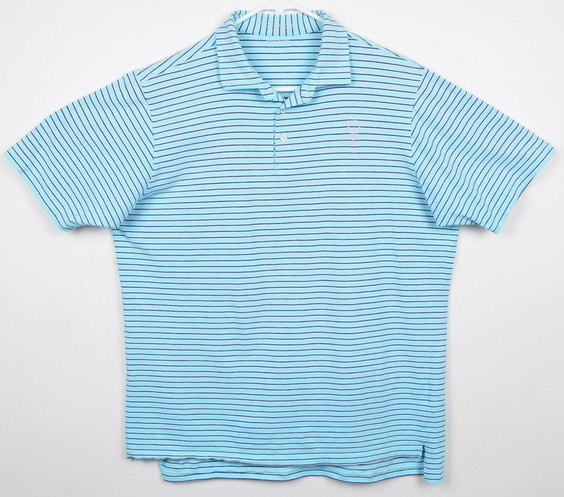 B. Draddy Men's Sz Medium Aqua Blue Striped Golf Polo Shirt Indian Hill Club