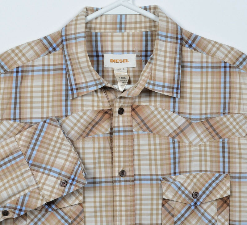 Diesel Men's Large Brown Blue Plaid Check Long Sleeve Button-Front Shirt