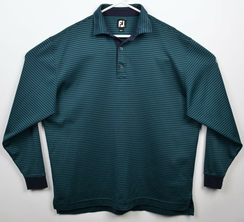 FootJoy Men's Large Green Navy Blue Striped FJ Golf Long Sleeve Polo Shirt