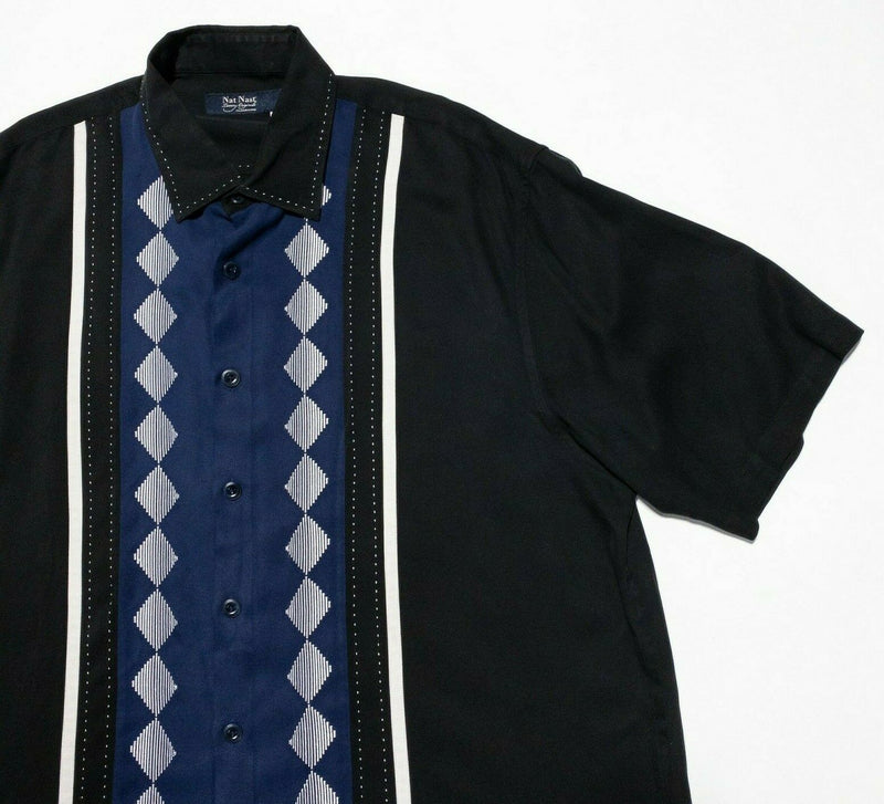 Nat Nast Silk Shirt XL Men's Hawaiian Bowling Panel Retro Diamond Blue Black