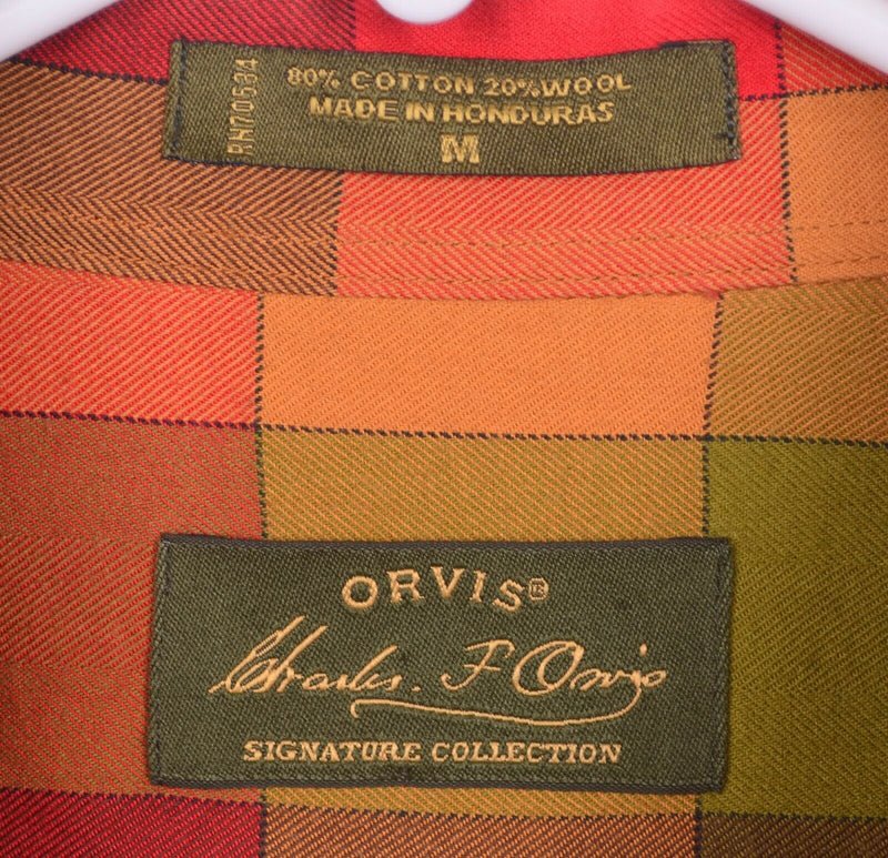 Orvis Signature Men's Sz Medium Wool Blend Orange Red Green Checked Shirt