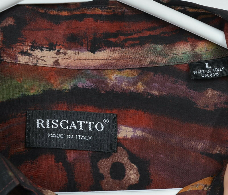 Riscatto Men's Large Abstract 100% Cupro Made in Italy Long Sleeve Camp Shirt