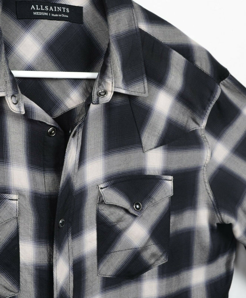 AllSaints Men's Sz Medium Pearl Snap Black White Plaid Greenboro LS Shirt