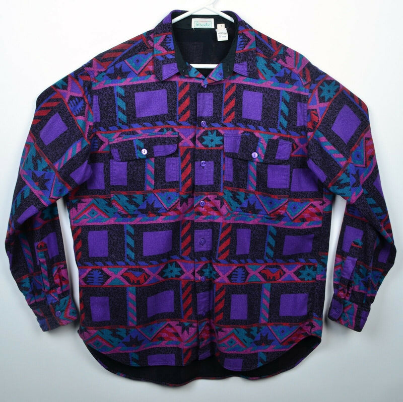 Benetton Men's Large Purple Pink Geometric Aztec Vintage USA Button-Front Shirt