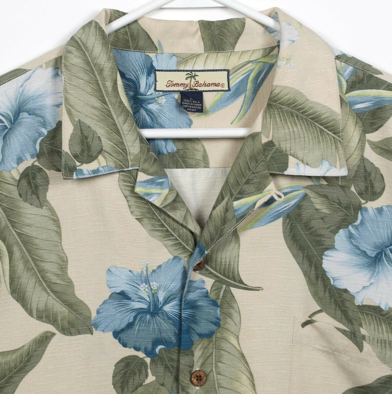 Tommy Bahama Men's Large 100% Silk Green Blue Floral Hibiscus Hawaiian Shirt