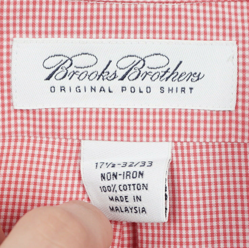 Brooks Brothers Men 17.5 32/33 Red White Micro-Check Non-Iron Button-Down Shirt