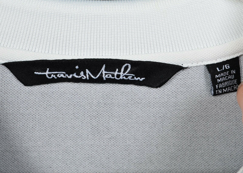 Travis Mathew Men's Large White Black Striped Polyester Wicking Golf Polo Shirt
