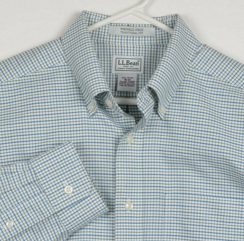 LL Bean Men's 16-33 (Large) Wrinkle Free Blue Green Plaid Button-Down Shirt