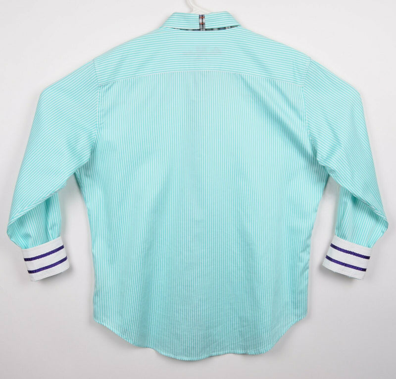 Robert Graham X Men's Large Tailored Fit Flip Cuff Aqua Blue Striped Shirt