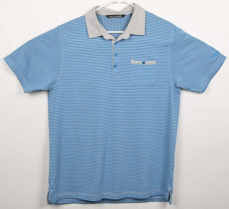 Travis Mathew Men Sz Large Blue Gray Striped Golf Polo Pocket Shirt Four Seasons