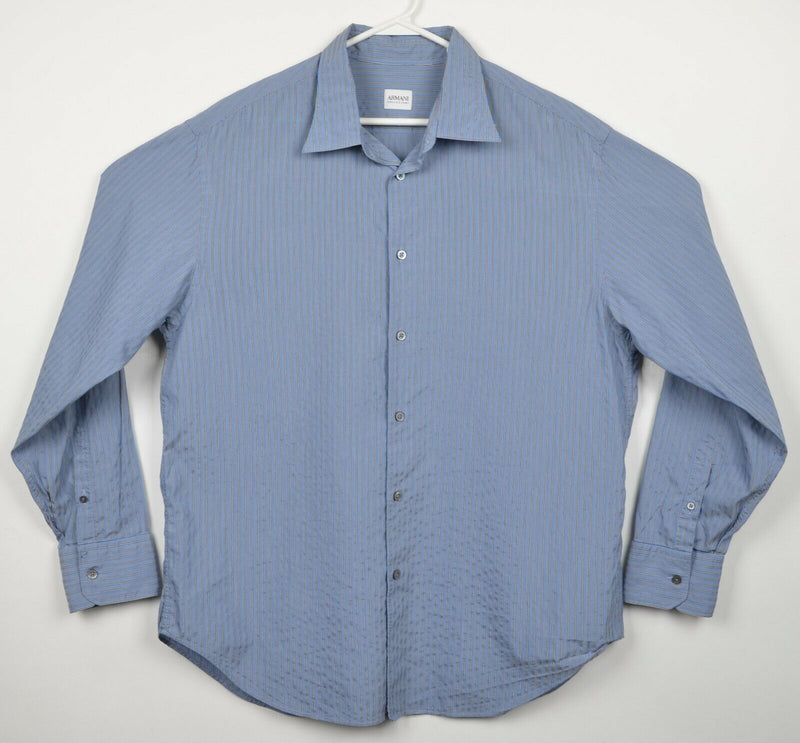 Armani Collezioni Men's 2XL Blue Striped Cotton Viscose Blend Button-Front Shirt