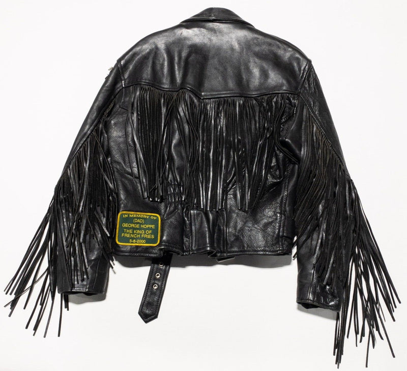 Vintage Leather Fringe Biker Jacket Women's Fits M/L 90s Black Motorcycle Pins