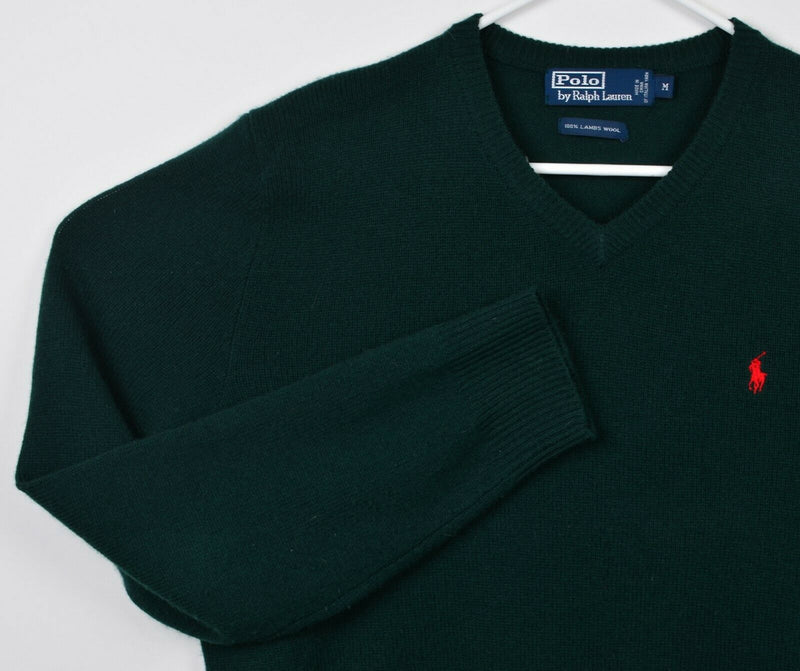 Polo Ralph Lauren Men's Medium 100% Lambswool V-Neck Dark Green Pullover Sweater