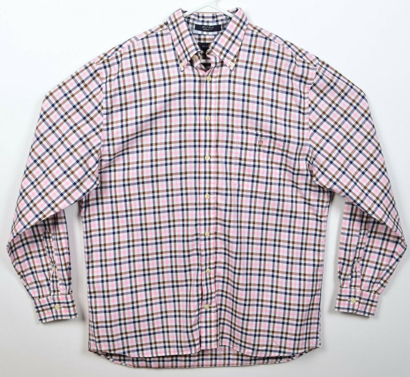 GANT Men's Large Regular Fit "80's Twill" Pink Blue Check Button-Down Shirt