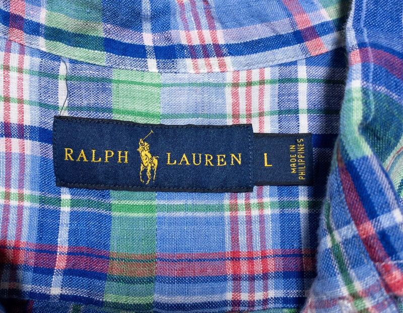 Polo Ralph Lauren Linen Shirt Large Men's Plaid Blue Colorful Button-Down