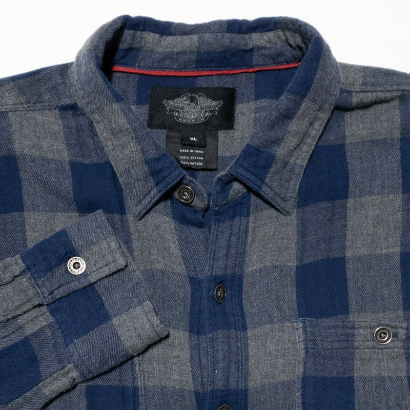 Harley-Davidson Flannel Shirt Blue Gray Plaid Biker Garage Chrome USA Men's XL